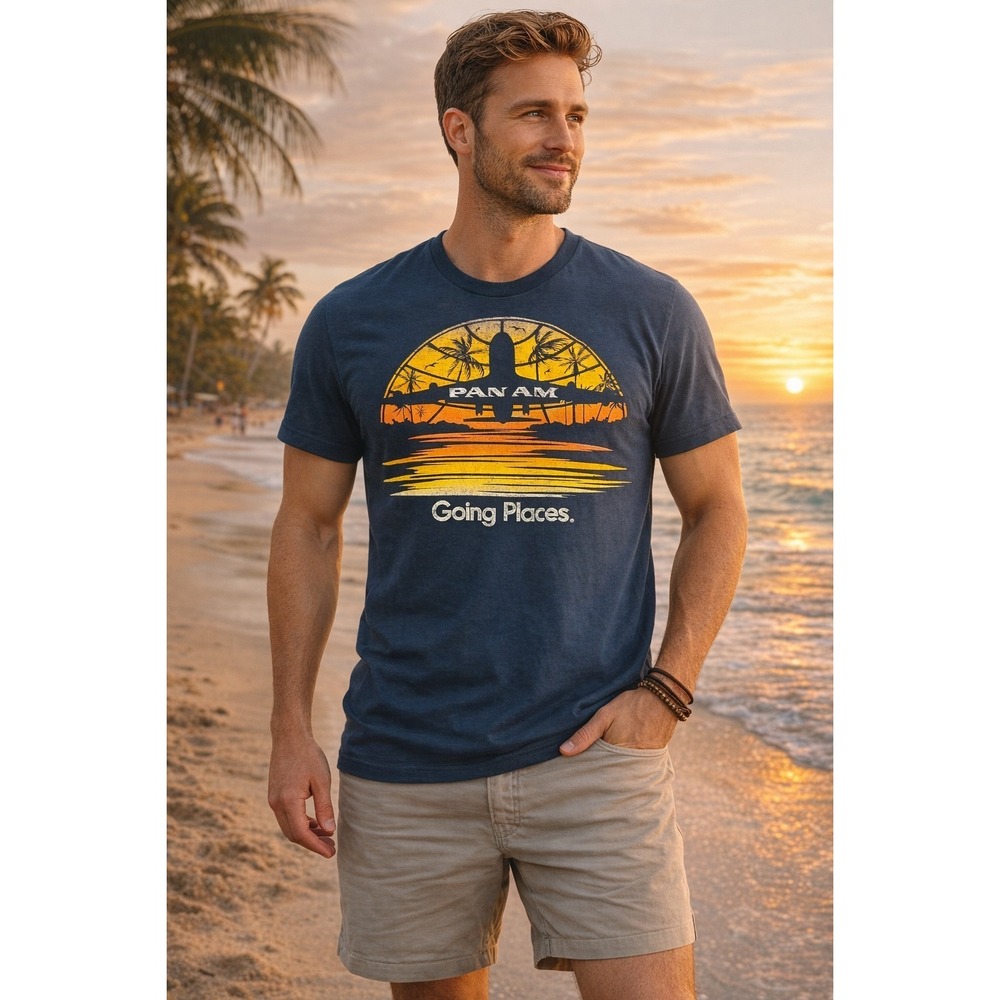 Pan Am Graphic T Shirt XXL Palmer Cash Navy Blue Sunset Airplane Going Places Te